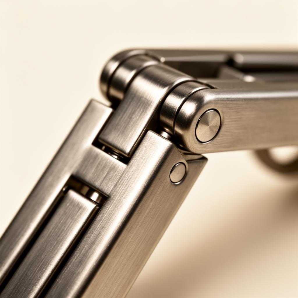 Macro detail of titanium hinge mechanism