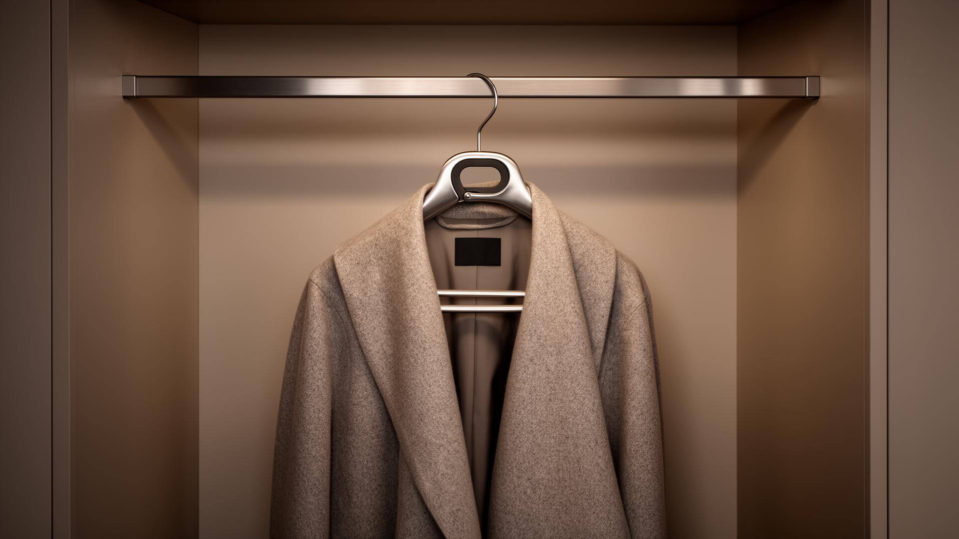 AXIS 01 hanger holding a wool coat in a minimalist wardrobe